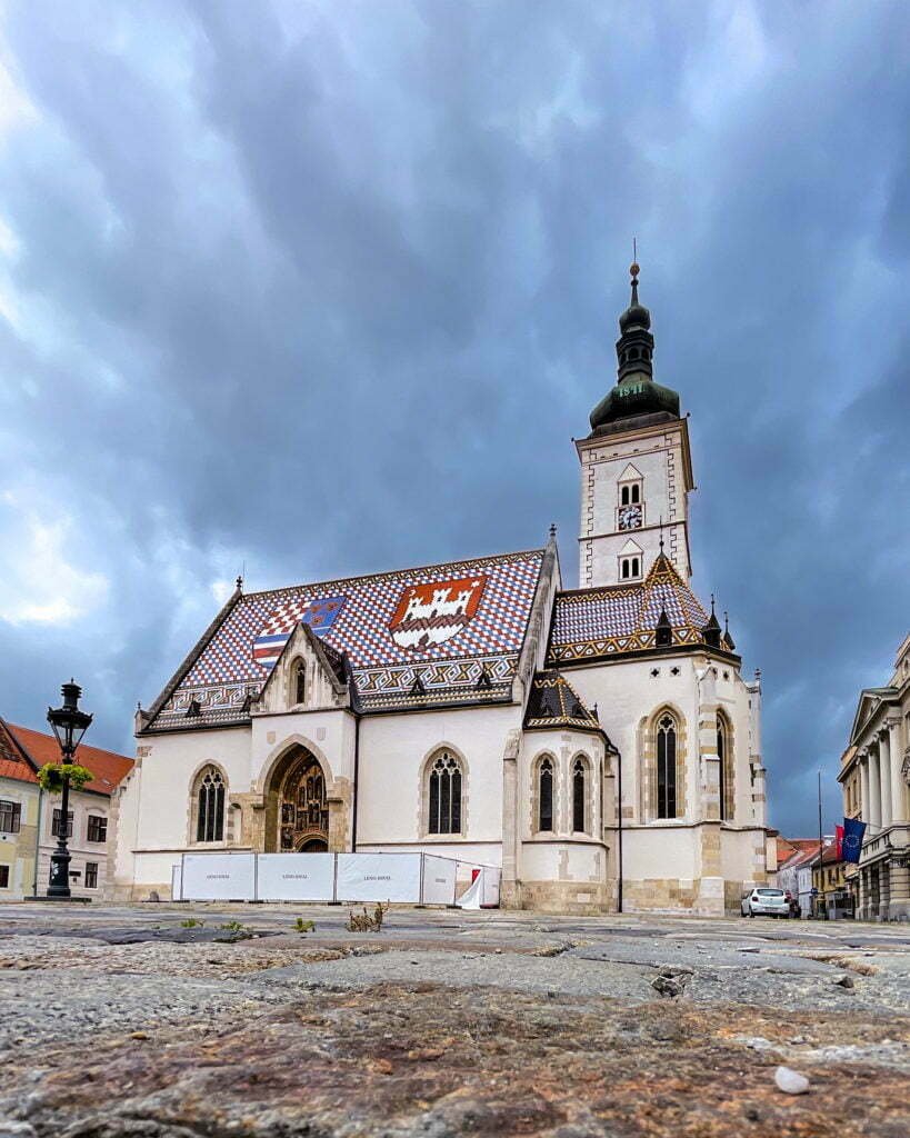 Dark skies over St. Mark's Church in Zagreb, Croatia