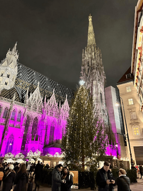 Giant Christmas tree and pink lights at a church in Stephansplatz in an Austrian Christmas market in Vienna