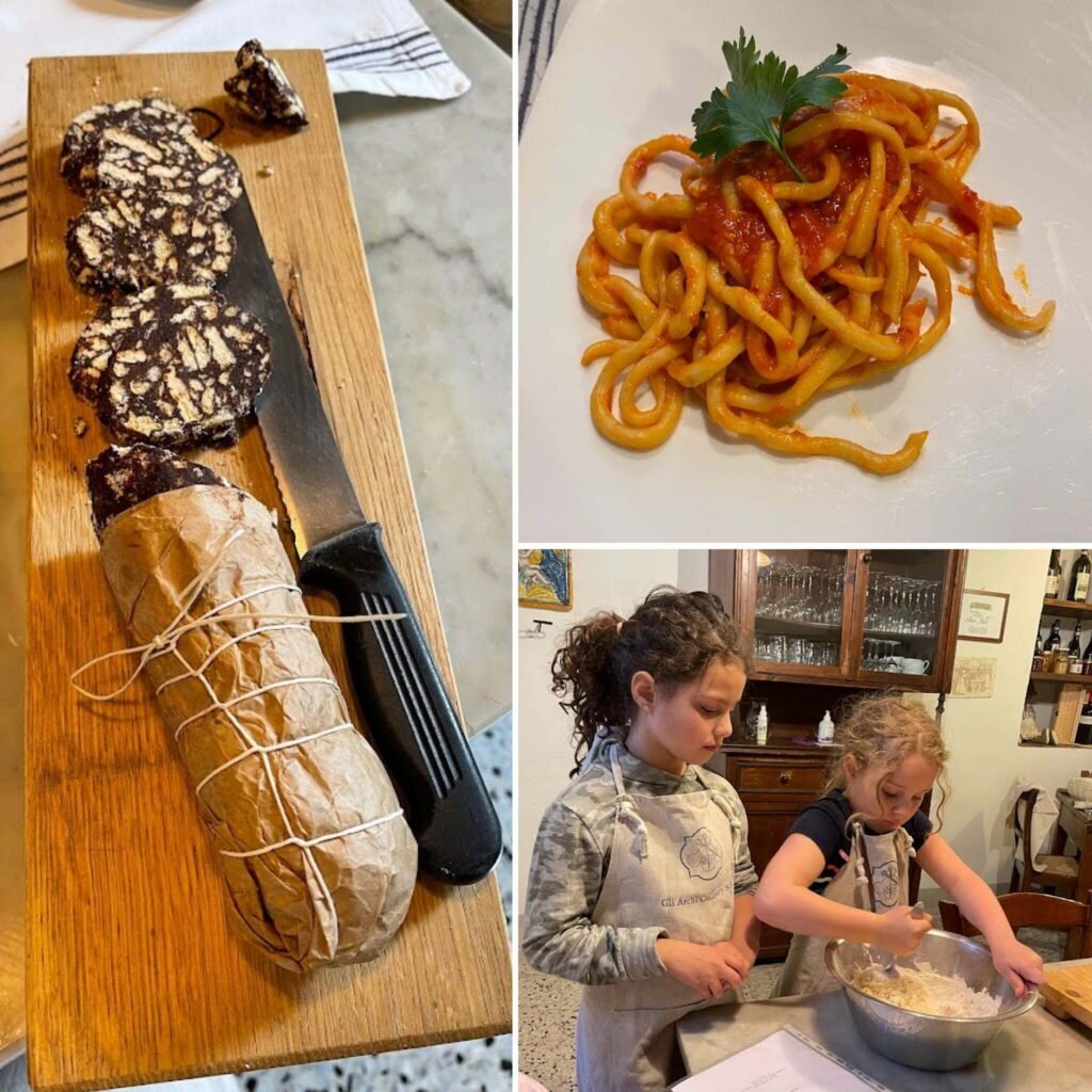 A cooking class is a perfect activity while in Tuscany with Kids. Pasta in red sauce and chocolate "salami" prepared during family cooking class at Casa dell’Abate Naldi in Tuscany