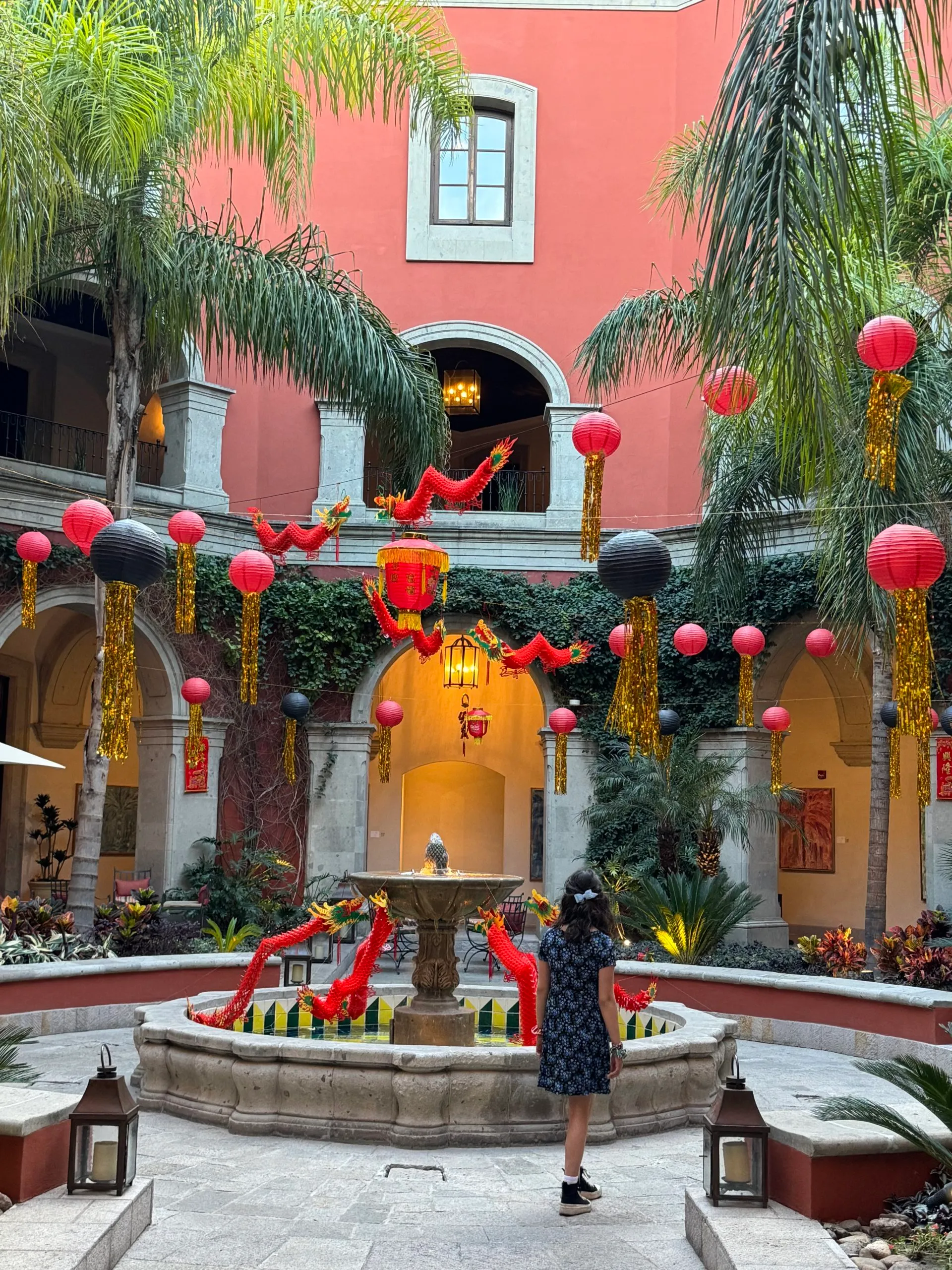 Fountain decorated for Chinese New Year at Rosewood hotel in San Miguel de Allende