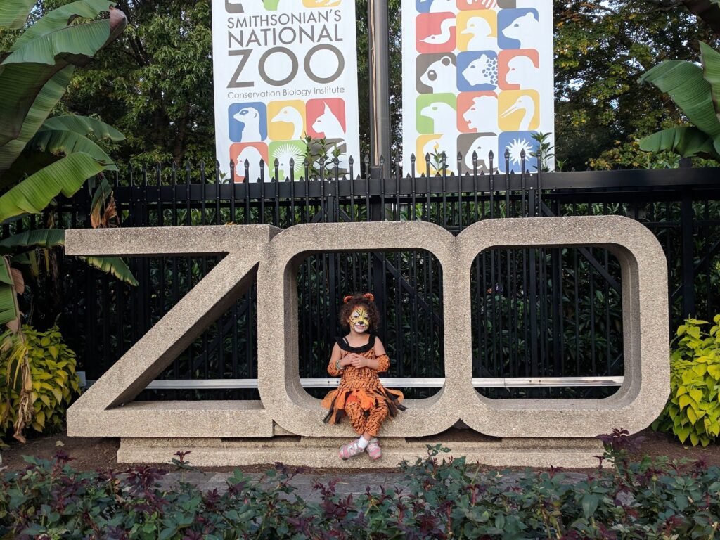 Girl dressed as a tiger sitting in front of the zoo sight at the National Zoo in Washington, DC