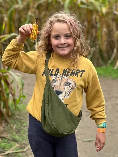 Little blond girl holding stalk of corn in a corn maze at Great Country Farms in Virginia