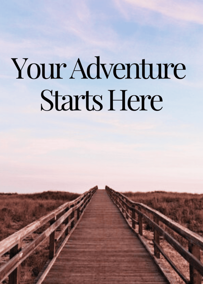 "Your Adventure Starts Here" text over a photo of a long wooden walkway heading into the horizon with color pink and blue sky - in Portugal