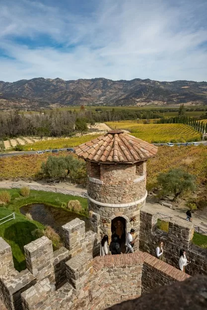 Aerial View of the Tower and Landscape Surrounding the Castello di Amorosa in Calistoga, California, USA