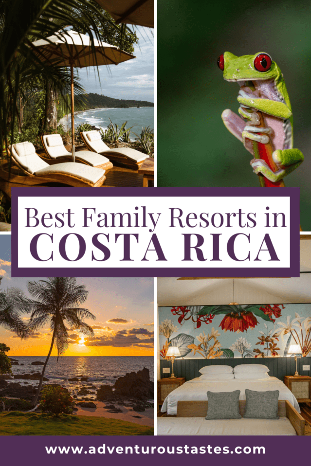 Best family resorts in Costa Rica - sun lounges by the ocean, tiny green frog, tropical sunset, luxury bedroom