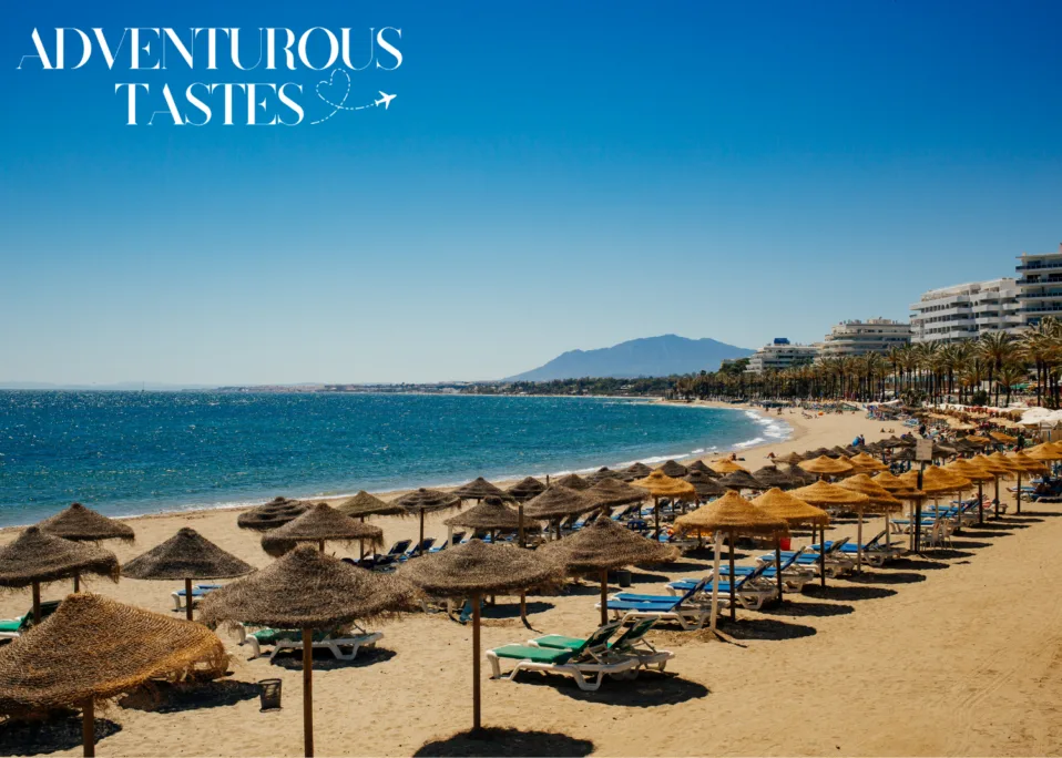 Marbella Beach Front lined with umbrellas and chairs | Adventurous Tastes